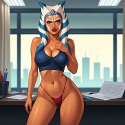 ahsoka_tano ai ai_generated alien alien_girl bangs bare_shoulders blue_eyes bra breasts cleavage clone_wars clothing colored_skin covered_nipples curvaceous eraser facial_tattoo female female_only highleg highleg_panties holding indoors large_breasts lips looking_at_viewer makeup medium_breasts midriff navel navel_piercing open_mouth orange_skin ozzieort panties pantsu paper parted_lips piercing red_panties shiny_skin solo standing star_wars stomach tattoo tentacle_hair thick_thighs thighs thong togruta underwear