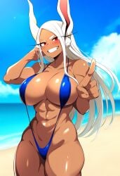 abs ai_generated animal_ears big_breasts bikini blue_bikini boku_no_hero_academia breasts brown_body brown_skin cleavage collarbone dark-skinned_female dark_skin exposed_shoulders female female_focus female_only high_resolution highres huge_breasts keinovelnovelai large_breasts long_hair looking_at_viewer mature_female midriff milf mirko miruko muscle_girl muscle_mommy muscles muscular muscular_female my_hero_academia red_eyes revealing_clothes rumi_usagiyama shonen_jump sling_bikini slingshot_bikini slingshot_swimsuit smile thick_thighs thighs tight_clothing white white_bikini white_hair