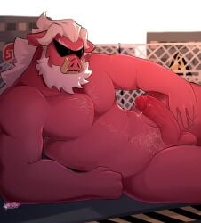 anthro bara beard big_daddy_(zenless_zone_zero) erect_penis erection facial_hair hairy hairy_male jagshiro mammal muscular muscular_male penis red_body red_skin suid suina sunglasses sus_(pig) veiny_penis white_hair zenless_zone_zero