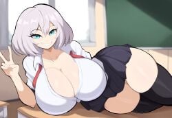 ai_generated cleavage curvy hourglass_figure huge_breasts lying lying_on_side mullon novelai school_uniform schoolgirl solo tejina_senpai tejina_senpai_(character) thick_thighs top_heavy white_hair