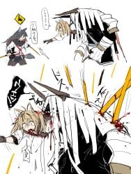 1other 2girls animal_ear_fluff animal_ears arknights biting black_gloves black_hair black_pantyhose black_shorts black_vest blonde_hair blood blood_from_mouth blood_on_clothes blood_on_face blood_splatter death defeat demon_horns dual_wielding gloves gore guro hair_ribbon helpless horns impaled japanese_text long_hair medium_hair monster mutomorokoshi necktie pantyhose reaching red_eyes red_hair red_necktie red_ribbon ribbon sarkaz_wither_devourer scared shirt shorts sora_(arknights) stab sword tail texas_(arknights) twintails two-tone_hair vest vore white_background white_shirt wide-eyed wolf_ears wolf_girl wolf_tail