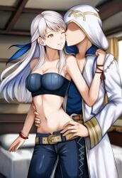 ;d ai_generated belt black_pants black_strapless fire_emblem fire_emblem_heroes hand_on_another's_hip hug_from_behind jeans kiran_(fire_emblem) kissing_cheek micaiah_(fire_emblem) midriff nai_diffusion smile stable_diffusion strapless