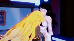 2girls big_breasts black_hair black_hair_female blake_belladonna blonde_female blonde_hair breasts canon_couple clothed_female eating_food face_on_breast rwby stormstriker yang_xiao_long