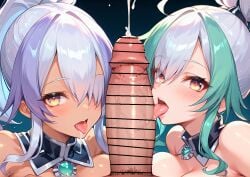 2girls ai_generated big_penis breasts clothed_female_nude_male clothing cum cumshot cute cute_face fellatio female female_focus female_only gold_eyes green_hair huge_cock huge_penis large_breasts licking licking_penis male/female male_pov mixed_hair_color mouth_open pov purple_hair saliva saliva_string saliva_trail sky_striker_ace_-_azalea sky_striker_ace_-_camellia solo tongue tongue_out white_hair yellow_eyes yu-gi-oh!