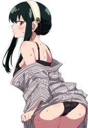 ai_assisted ass ass_focus back_view bare_arms bare_legs bare_shoulders bare_thighs big_ass big_breasts black_bra black_hair black_panties blush body_blush bra breasts closed_mouth clothes_down earrings hairband japanese_clothes jei_games lace-trimmed_bra lace-trimmed_panties long_hair panties red_eyes shiny_skin sideboob spy_x_family sweat sweaty_body thighs underwear yor_briar yukata