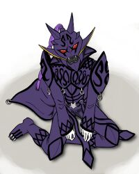 1boy 2_horns armor coat dragon dragon_whiskers gravure imagin kamen_rider kamen_rider_den-o_(series) legs_out looking_at_viewer looking_up looking_up_at_viewer male_focus male_only on_floor on_ground ponytail posing purple_armor purple_hair red_eyes rings ryutaros sitting sitting_on_side small_fangs solo up_view view_from_above whiskers white_gloves