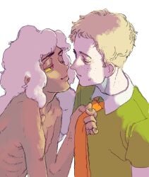 2boys about_to_kiss blonde_hair cartoon_network closed_eyes clothed clothed_male clothes clothing color colored curly_hair digital_drawing_(artwork) digital_media_(artwork) humanized larry_needlemeyer light-skinned_male light_skin long_hair looking_at_another looking_at_partner male_only memuramarimo mr._small naked naked_male nude nude_male open_mouth pale-skinned_male pale_skin pulling_tie red_eyes short_hair simple_background skinny skinny_male tan_body tan_skin the_amazing_world_of_gumball the_amazing_world_of_gumball_(human) tie white_hair yaoi