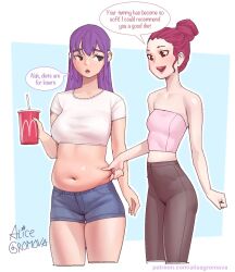 2girls alice_gromova belly chubby mcdonald's plump purple_hair red_hair weight_gain