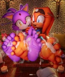 3d_(artwork) 5_toes 699mha anthro barefoot blaze_the_cat bodily_fluids clothed clothing cum cum_on_feet digital_media_(artwork) duo feet female foot_fetish foot_focus genital_fluids hi_res humanoid_feet plantigrade sega soles sonic_(series) sonic_adventure sonic_the_hedgehog_(series) tikal_the_echidna toes