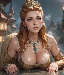 ai_generated anna_henrietta ass ass_up big_breasts blonde_hair breasts clothing crown dress eepol female light-skinned_female looking_at_viewer outdoors solo the_witcher_(series) the_witcher_3:_wild_hunt wet_body