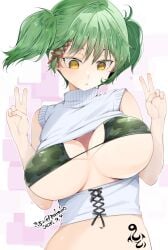 :o bra breasts camouflage camouflage_bra cleavage cleavage_cutout clothing_cutout double_v female green_bra green_hair grey_sweater highres hikage_(senran_kagura) hip_tattoo kinako_(mzknk0) large_breasts looking_down navel open_mouth senran_kagura shaking simple_background slit_pupils snake_print snake_tattoo solo sweater tattoo twintails underwear v yellow_eyes