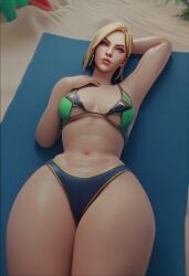 1girls ai_generated beach bikini bikini_bottom bikini_top blonde_hair different_hair_color earrings looking_at_viewer riot_games short_hair solo solo_female solo_focus tagme thick_thighs valorant viper_(valorant)