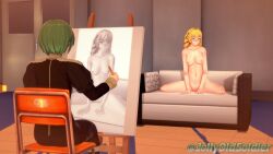 blonde_hair blush fire_emblem fire_emblem:_three_houses fit_body fit_female ignatz_victor ingrid_brandl_galatea jollyoldsoldier medium_breasts modelling naked naked_female nude nude_female painting_(action) painting_(object) pussy thick_thighs