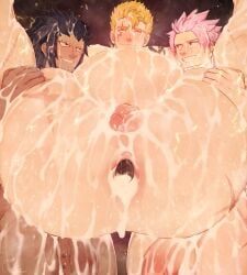 3boys anal ass ass_focus bara blonde_hair double_anal double_penetration erection fairy_tail gajeel_redfox gay laxus_dreyar legs_apart legs_up muscle natsu_dragneel pecs penis pierccing piercing power_bottom rapbitan size_difference tattoo threesome yaoi