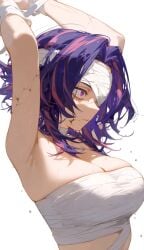 ai_generated armpits arms_up blue_hair boku_no_hero_academia drowsy_sheep eyepatch gigantic_breasts huge_breasts kaina_tsutsumi lady_nagant light-skinned_female light_skin massive_breasts mature_female medium_hair milf multicolored_hair mummy_wrappings my_hero_academia oiled_body oiled_skin purple_eyes solo_female squatting sweat sweatdrop voluptuous voluptuous_female