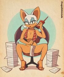 anthro anthro_female anthro_only breasts embarrassed furry furry_female furry_only glasses mobian_(species) nude pinup rouge_the_bat sitting sonic_(series) squibble_ink tagme