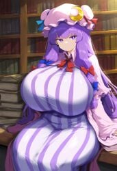 ai_generated ameanon big_breasts breasts huge_breasts large_breasts long_dress patchouli_knowledge plump purple_eyes purple_hair thick_thighs tight_clothing tight_fit touhou wide_hips