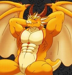 abs animal_genitalia anthro dragon genital_slit genitals hands_behind_head horn iriai_inasa male male_only membrane_(anatomy) membranous_wings muscular nude ophion pecs red_eyes scalie slit solo spikes tokyo_afterschool_summoners video_games wing_spikes wings