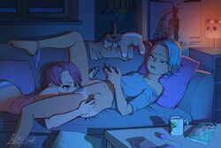 2girls between_legs blue_hair blush blushing bottomless clothing controller couch couch_sex cunnilingus detailed_background earrings electronics female female/female female_only folo game_console game_controller gaming handheld_game_console human human_only indoors joy-con jpeg lesbians looking_away multiple_girls multitasking nintendo_switch nipple_bulge one_leg_raised one_leg_up open_mouth oral original original_character panties_around_leg partially_clothed piercings pink_hair pubic_hair sex_while_gaming short_hair sweat sweatdrop tanline television tongue_piercing tongue_stud undercut yuri