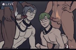 4boys abs ashe_ubert ass blue_hair bondage brown_eyes choker collar collarbone dark-skinned_male dark_skin dedue_molinaro fire_emblem fire_emblem:_three_houses gay gay_domination glasses green_eyes green_hair hand_on_head ignatz_victor interracial leash male male_only maledom malesub moonmikkyuz multiple_boys multiple_subs pecs penis penis_grab pubic_hair raphael_kirsten testicles thighs yaoi