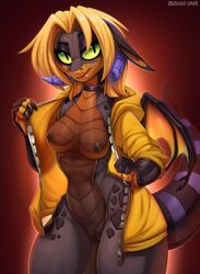 anthro areola breasts clothing dragon female genitals glistening glistening_body hair hoodie horn looking_at_viewer nipples non-mammal_breasts orange_hair pussy smile solo topwear zazush-una