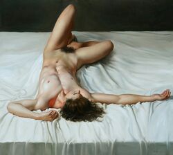 1male art bed bedsheets brown_hair curly_hair erect_nipples flaccid_penis knees_apart_feet_together lin_jinfu male male_only male_pubic_hair nude nude_male oil_painting on_back on_bed painting_(artwork) penis pubic_hair realistic sleeping_nude traditional_media_(artwork)