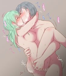 1boy 1girls areola ashe_ubert ass ass_grab blush breasts byleth_(fire_emblem) byleth_(fire_emblem)_(female) censored closed_eyes duo enlightened_byleth_(female) female fire_emblem fire_emblem:_three_houses green_hair grey_hair kissing large_breasts leg_up male naked nipple nude passionate penis raised_leg sex sideboob straight suspended_congress sweat sweatdrop thighs vaginal_penetration yori_(artist)