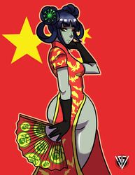 big_ass chinese_clothes corona_chan coronavirus covid-19_pandemic fan fanart green_eyes looking_at_viewer navy_hair petite xxfujiwaraxx