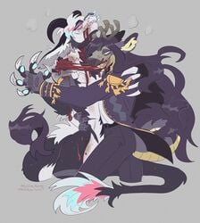 5_fingers antlers blood bodily_fluids cannibalism claws clothed clothing digital_media_(artwork) duo fingers fur gore hair horn long_tail male murkbone smile standing teeth