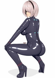 1girls ass blindfold bodysuit clothed corset female female_only heels high_heels latex nier:_automata shiny solo squatting tight_clothing tsuki_riven white_hair yorha_2b