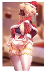 back_cutout big_ass blonde_hair christmas_outfit fate/grand_order fate_(series) garter_straps green_eyes hair_bun hoop_earrings k_pring large_breasts looking_at_viewer looking_back nero_claudius_(fate) no_nude santa_hat seductive_smile thighhighs