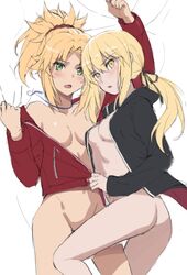 2girls artoria_pendragon artoria_pendragon_(alter) ass bangs blonde_hair blush bottomless braid breasts breasts_apart clavicle coat daughter eyebrows_visible_through_hair fate/apocrypha fate/grand_order fate_(series) female female_only green_eyes hair_between_eyes hair_ornament hair_ribbon hair_scrunchie high_resolution human incest jacket looking_at_viewer lying medium_breasts mordred_(fate) mother mother_and_child mother_and_daughter multiple_girls naked_coat oerba_yun_fang off-shoulder_jacket on_back open_mouth parent parent_and_child parent_and_daughter red_hair_ornament red_jacket red_scrunchie ribbon scrunchie tied_hair tonee yellow_eyes yuri