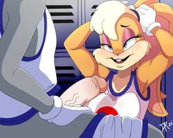 2020 anthro basketball_uniform blonde_hair blue_eyes buckteeth bugs_bunny dalley_le_alpha duo eyelashes faceless_male female furry genitals gloves half-closed_eyes handwear humanoid_genitalia humanoid_penis indoors lagomorph leporid locker_room lola_bunny looney_tunes male mammal narrowed_eyes open_mouth penis rabbit sportswear teeth uniform vein warner_brothers