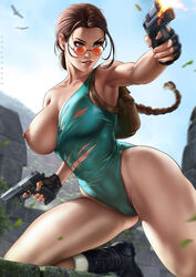 action_pose alternate_breast_size areolae athletic backpack bag big_breasts breasts breasts_out brown_eyes brown_hair busty curvaceous curvy dandon_fuga dual_wielding eyelashes eyewear female female_only fingerless_gloves firearm gun handgun hourglass_figure huge_breasts human lara_croft lara_croft_(classic) large_breasts leotard lipstick long_hair looking_over_eyewear looking_over_glasses mascara navel nipple_piercing nipples one_breast_out piercing pinup pistol pose posing pussy red-tinted_eyewear ripped_clothing see-through see-through_leotard solo sunglasses tagme thick_thighs tinted_eyewear tomb_raider vagina voluptuous weapon wide_hips