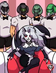 1girls 4boys anthro armpits ass bare_shoulders big_ass black_eyes breasts canine claws cleavage collar crossover demon demon_girl doom doom_slayer_(doom) eye_contact female furry gangbang gloves grey_fur grey_hair grin half-closed_eyes hellhound helluva_boss helmet humanoid imminent_sex long_hair looking_at_viewer loona_(helluva_boss) male meme piper_perri_surrounded red_sclera ribbon sharp_teeth shirt sitting skirt smile source_request standing tail thick_thighs thighhighs underwear vivienne_medrano watermark white_fur wide_hips wolf wolf_humanoid xxfujiwaraxx