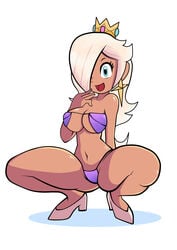 bikini bra breasts creambee crown dark-skinned_female dark_skin earrings eyes female hair_over_one_eye high_heels highres mario_(series) navel nintendo princess_rosalina purple_bra shoes smiling solo super_mario_galaxy super_princess_peach tagme tanned thick_thighs thighs white_hair