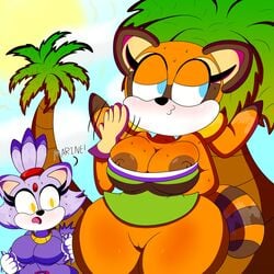 2girls 3barts anthro areolae blaze_the_cat cat_ears cat_humanoid catgirl cleavage female female_only furry highres marine_the_raccoon nipple_slip no_panties no_pants orange_fur outside partially_clothed public public_nudity purple_fur raccoon sega shocked shortstack sonic_(series) sonic_rush_adventure sonic_the_hedgehog_(series) sweat thick_thighs wide_hips