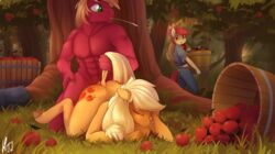 2020 abs absurd_res anthro apple apple_bloom_(mlp) applejack_(mlp) big_macintosh_(mlp) brother brother_and_sister closed_eyes clothed clothing cutie_mark detailed_background doggy_style equid equine female food friendship_is_magic fruit furry grass green_eyes group hat headgear headwear hentwi hi_res incest male mammal my_little_pony nude open_mouth outside plant sex sibling sister smooth_skin straight straw_in_mouth tail_pull tree young