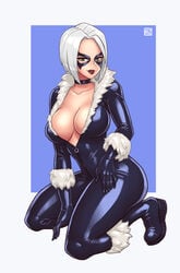 1girls artist_signature big_breasts black_cat_(marvel) bob_cut bodysuit breasts choker cleavage felicia_hardy female female_only green_eyes kneeling large_breasts looking_at_viewer marvel mature_female rizdraws short_hair smile solo solo_female solo_focus spider-man_(series) spider-man_2_(video_game) thick_thighs video_games white_hair zipper_pull_tab