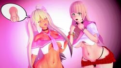 2girls 3d big_breasts big_penis choker cold_(numbersguy) color_swap dark-skinned_female dark_skin female koikatsu light-skinned_female light-skinned_male light_skin numbersguy original short_skirt tongue_out warm_(numbersguy)