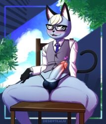 1boy absurd_res animal_crossing anthro balls balls_in_panties ballsack blonde_hair blue_eyes blush body_fur cartoony chair clothed clothing desertkaiju domestic_cat erection eyewear feline foreskin fully_retracted_foreskin furniture genitals girly glasses grey_fur heart heterochromia hi_res humanoid_genitalia humanoid_penis intact looking_at_viewer male male_only male_thong mammal multicolored_eyes necktie nintendo panties penis pose precum presenting presenting_penis raymond_(animal_crossing) scrotum short_hair sitting smooth_fur smooth_penis solo spread_legs spreading testicles thick_thighs topwear uncut underwear vest video_games yellow_eyes