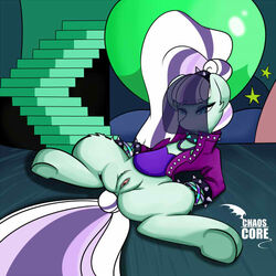 1:1 caoscore collar coloratura_(mlp) equid equine female feral friendship_is_magic furry genitals hair horse low_res lowres mammal multicolored_hair my_little_pony pony pussy solo spiked_collar spikes spread_legs spreading stairs translucent