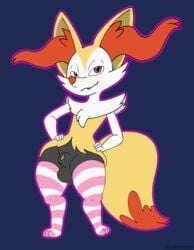 1boy absurd_res animal_genitalia anthro anthrofied big_ears braixen clothing colorcoroded crossdressing eye_contact feet femboy furry girly half-closed_eyes hi_res legwear looking_at_viewer male male_only nintendo original_character pokémon_(species) pokemon pokemon_(species) pokemon_xy sheath solo stockings testicles thick_thighs thigh_gap video_games wide_hips