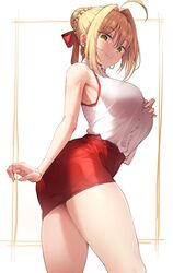 big_ass blonde_hair fate/grand_order fate_(series) green_eyes hair_bun high_resolution hoop_earrings k_pring large_breasts nero_claudius_(fate) short_skirt skirt thick_thighs