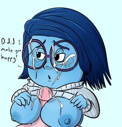 big_breasts blonde_hair blue_eyes blue_skin breasts cum cum_on_breasts cum_on_face cumshot davidsanchan disembodied_penis disney female female_focus glasses inside_out male nipples outercourse paizuri pixar sadness_(inside_out) straight