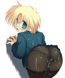 ass bent_over big_ass blonde_hair blush copyright_request cum cum_on_ass cum_on_body cum_on_clothes cum_on_lower_body glasses green_eyes hair looking_back panties panties_under_pantyhose pantyhose pointy_ears sakaki_(artist) sakaki_(noi-gren) short_hair thighs underwear