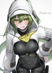 :p arknights:_endfield black_bodysuit bodysuit breasts cameltoe character_name covered_navel cropped_jacket female fluorite_(arknights:_endfield) green_eyes green_hair hand_on_own_hip hood hood_up hooded_jacket jacket large_breasts long_hair long_sleeves looking_at_viewer puffy_long_sleeves puffy_sleeves simple_background snake_girl snake_tail solo tab_head tail tongue tongue_out white_background white_jacket