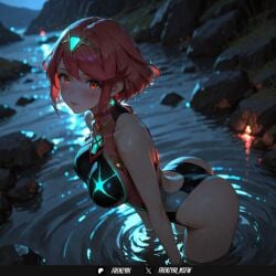 ai_generated ass bangs bare_shoulders black_one-piece_swimsuit blush breasts closed_mouth competition_swimsuit earrings female frenzyai gem jewelry large_breasts looking_at_viewer one-piece_swimsuit pyra_(xenoblade) pyra_\\\\(pro_swimmer\\\\)_\\\\(xenoblade\\\\) pyra_\\\\(xenoblade\\\\) red_eyes red_hair rock short_hair solo swept_bangs swimsuit thighs tiara wading water wet xenoblade_(series) xenoblade_chronicles_2