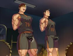 2boys abs basketball_uniform beefy being_watched biceps big_areola big_breasts big_bulge black_hair breasts brown_hair bulge bulge_through_clothing ceiling ceiling_light censor_bar censored censored_penis dark_room exposed_nipples fully_clothed gay genital_outline genitals hands_behind_head hi_res hunk hypnosis indoors jersey male male_breasts male_only manly mature_male mind_control moobs mosaic_censoring muscles muscular muscular_arms muscular_legs muscular_male muscular_thighs offscreen_character original original_character pecs quadriceps short_hair shorts standing tanktop thick thick_thighs toirotto tough_guy triceps yaoi