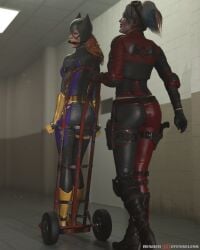 2girls 3d batgirl batgirl_(barbara_gordon) batgirl_(gotham_knights) batman_(series) bit_gag bondage captured_heroine clothed_bondage dc dc_comics female female_only full_body fully_clothed fully_clothed_female gag gagged gotham_knights hand_truck harley_quinn harley_quinn_(injustice) injustice_2 rendereddefenseless superheroine tagme